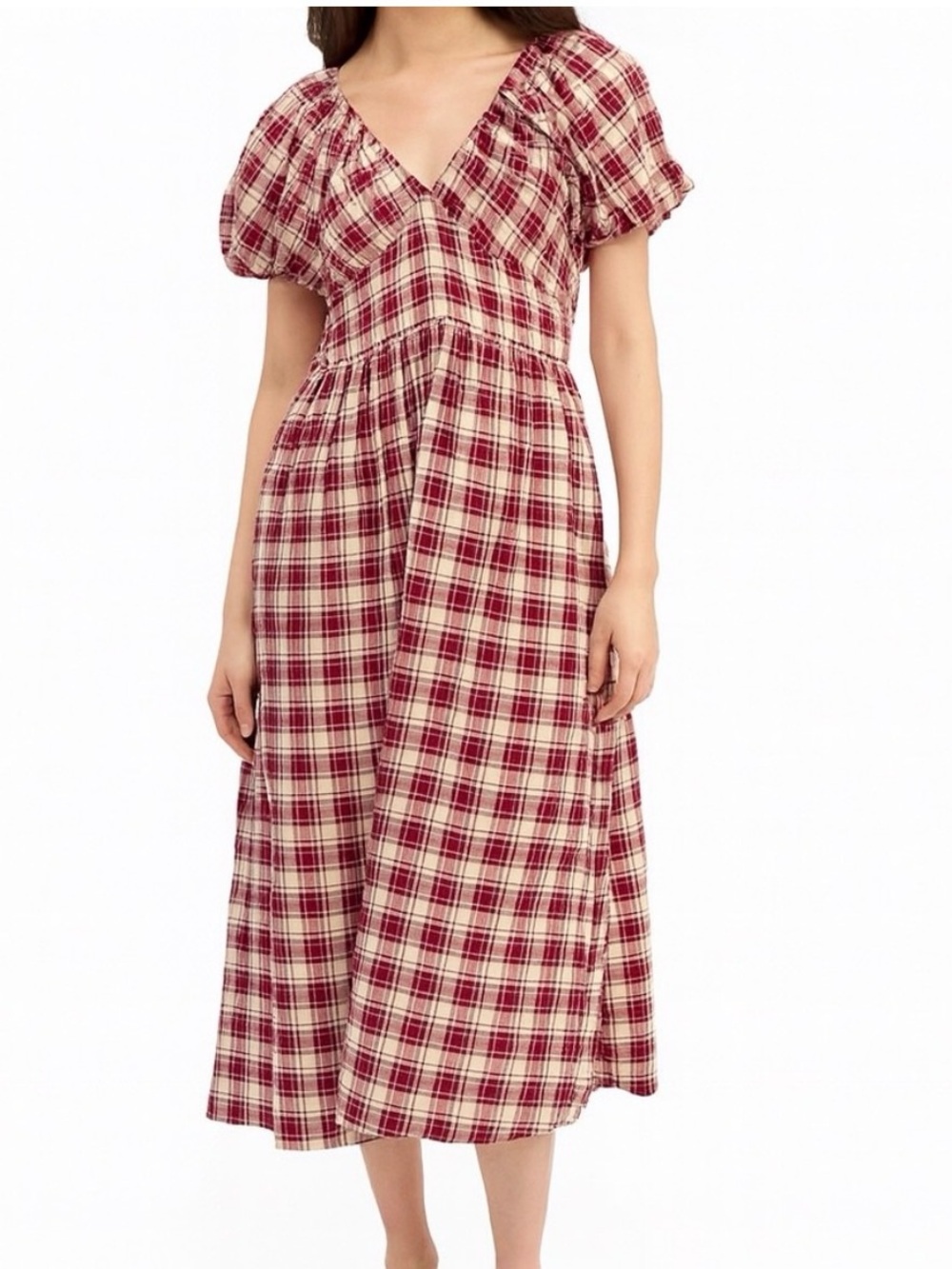 En Saison Colebee Plaid Dress Puff Sleeve Midi Checkered V Neck Red Cream Size S